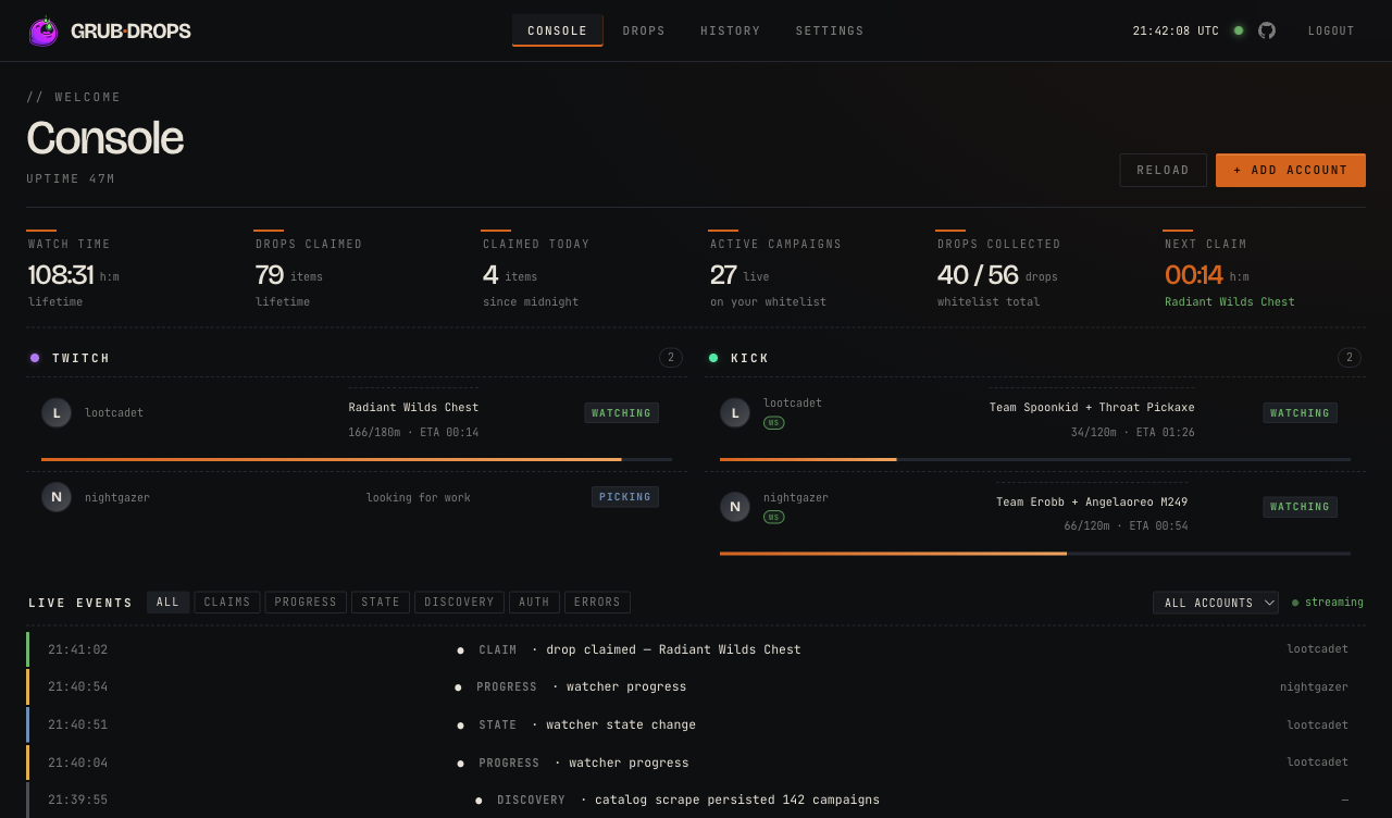 GrubDrops console: watch-time stats and per-account mining across Twitch and Kick