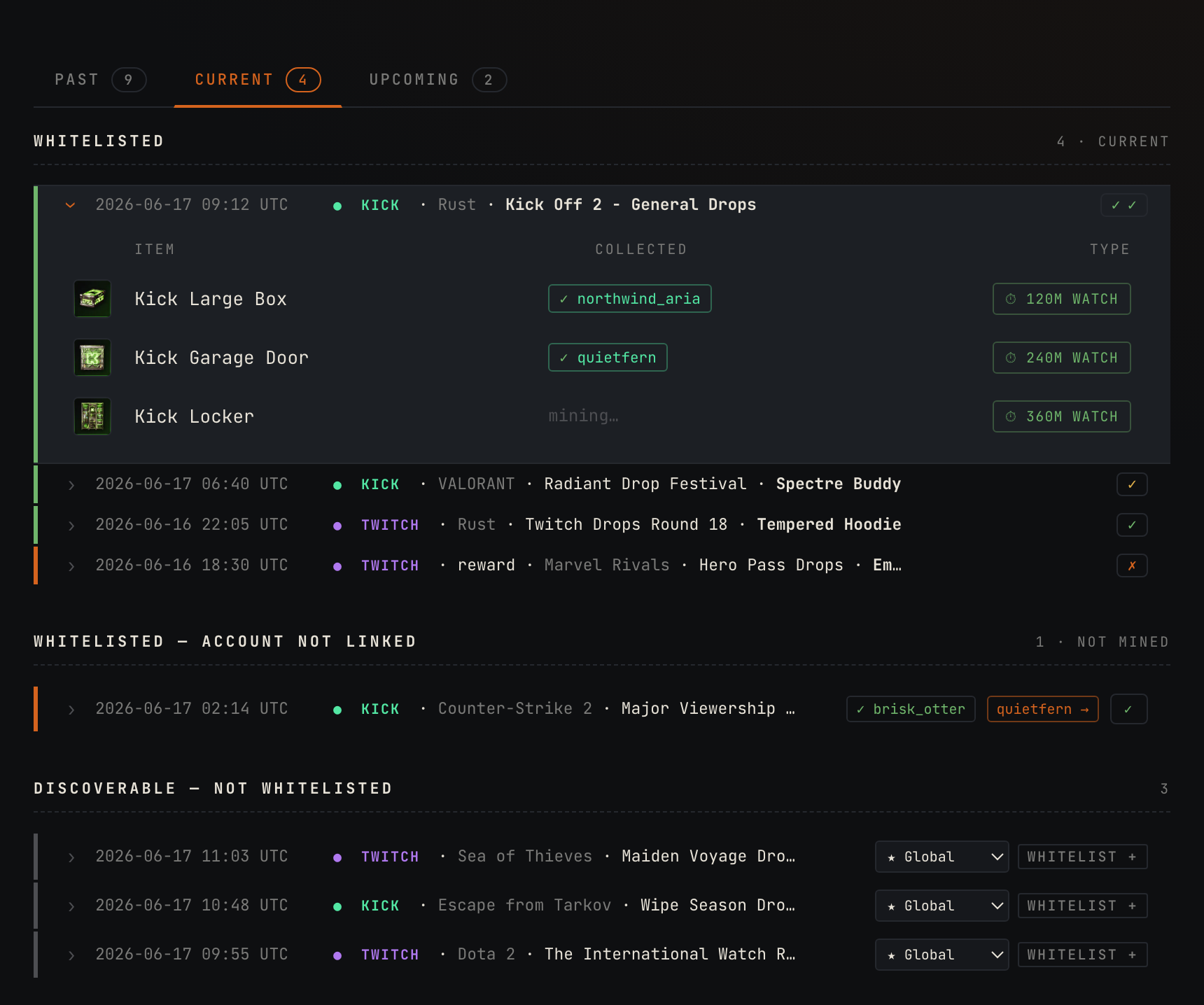 Drops catalog with one-click whitelisting