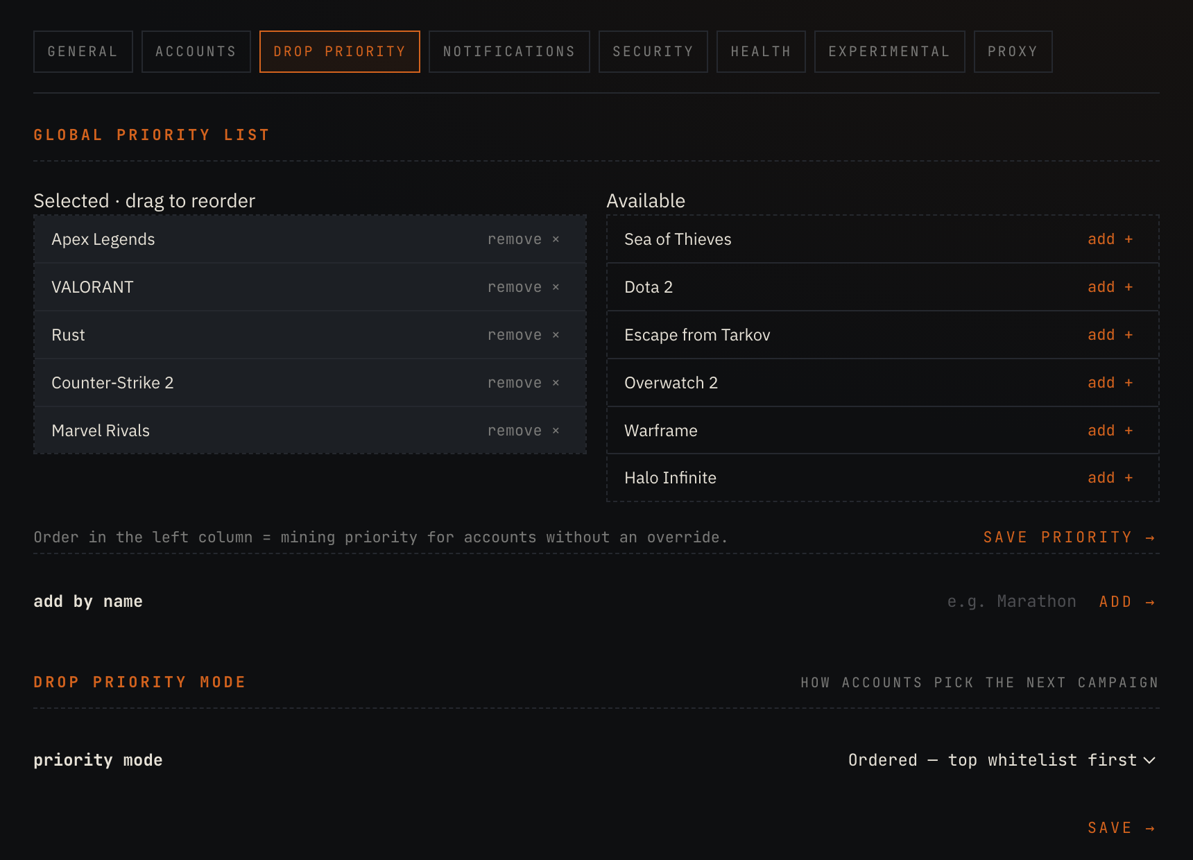 Per-account game whitelist and priority